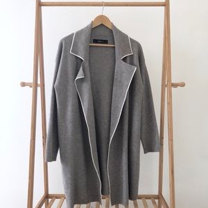 Zara Grey White Trim Open Front Knit Cardigan Coat
